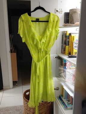 Covington Lime Green Polka Dot Ruffle Wrap Dress